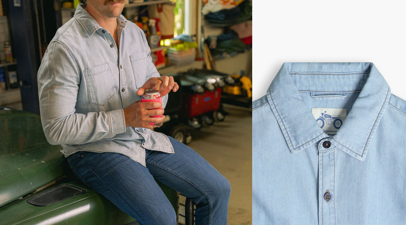 Light-wash denim shirt and jeans worn by a seated man holding a can; inset close-up of the shirt collar and motorcycle label.