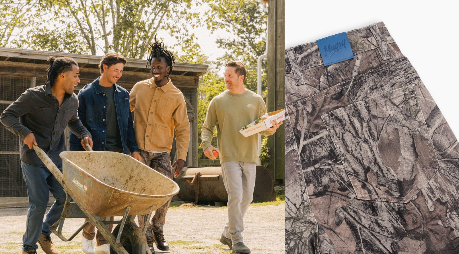 Four men pushing a wheelbarrow stenciled 'Jackson MI'; camo pants pocket close-up with blue 'Mugsy' tag; box says 'Berries'