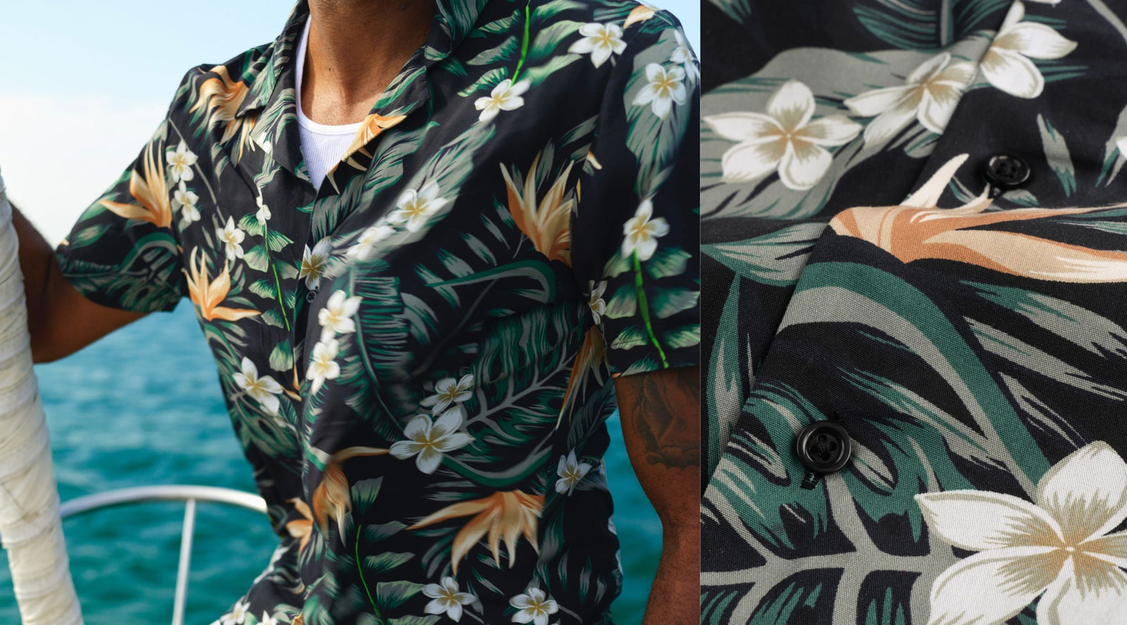Close-up of a man wearing a black floral Hawaiian shirt with white plumeria and green leaves, on a boat with ocean background