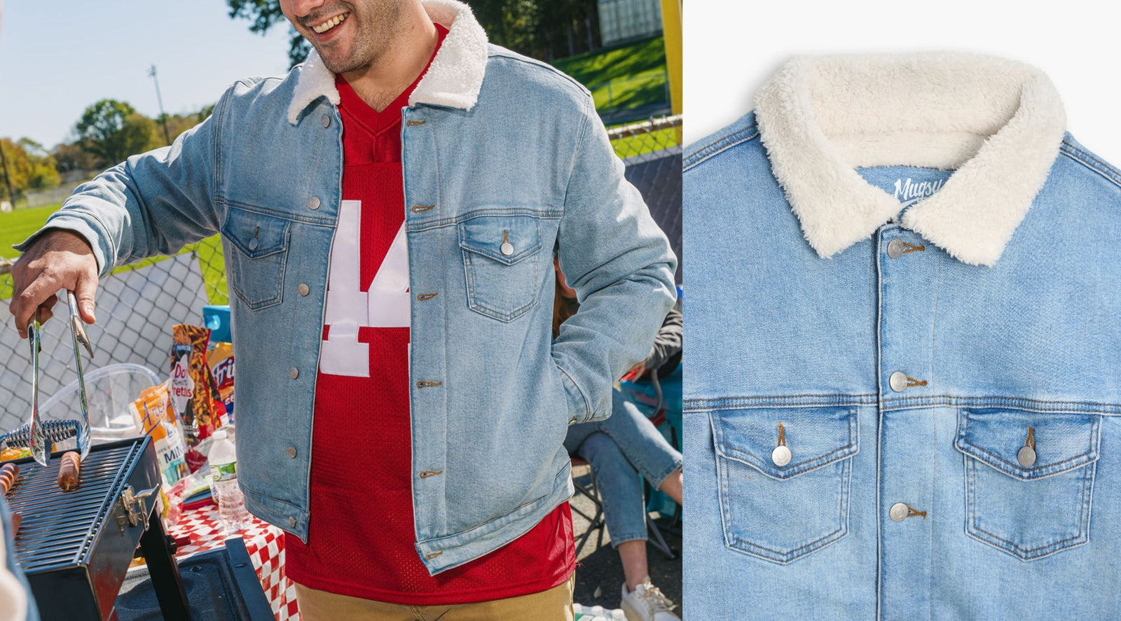 Front view of sherpa lined light-wash denim jacket with cream shearling collar, chest flap pockets, and button-front, modeled at an outdoor tailgate