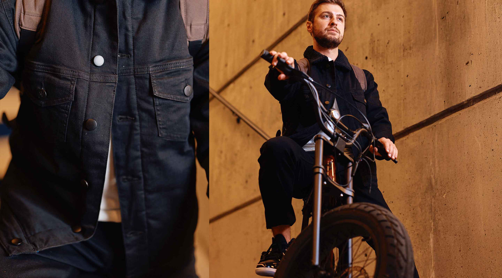 Man riding an electric bike in a concrete stairwell wearing a black chore-style jacket with sherpa collar and front snap pockets