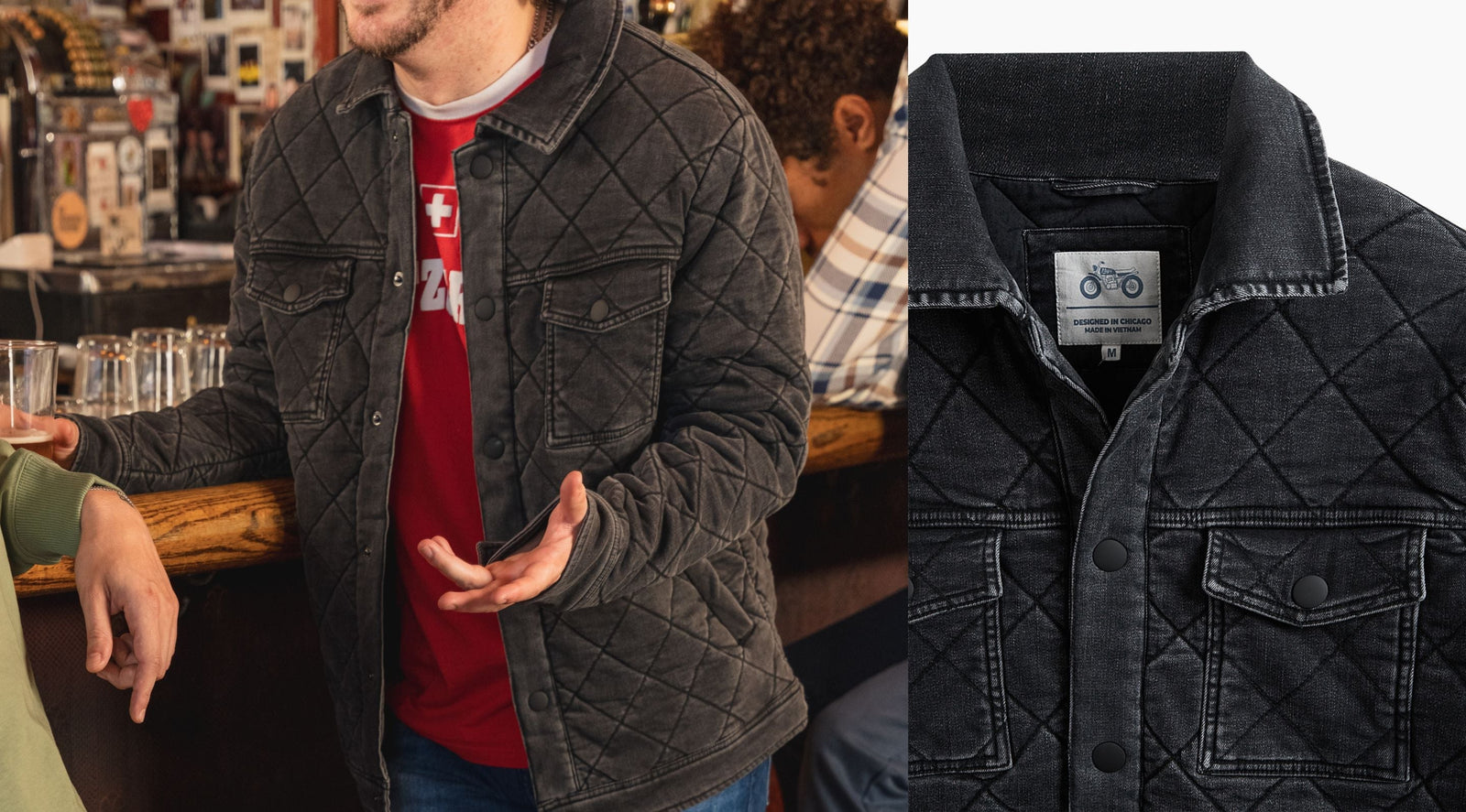 Dark quilted denim jacket shown worn and flat-lay; label reads DESIGNED IN CHICAGO MADE IN VIETNAM M.