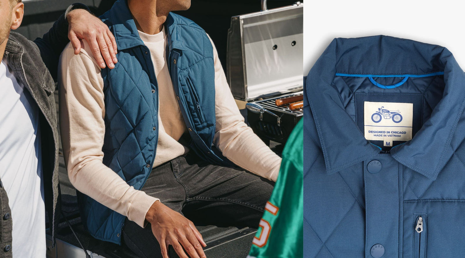 Men's blue quilted vest on model plus close-up of collar label reading 'DESIGNED IN CHICAGO MADE IN VIETNAM M'