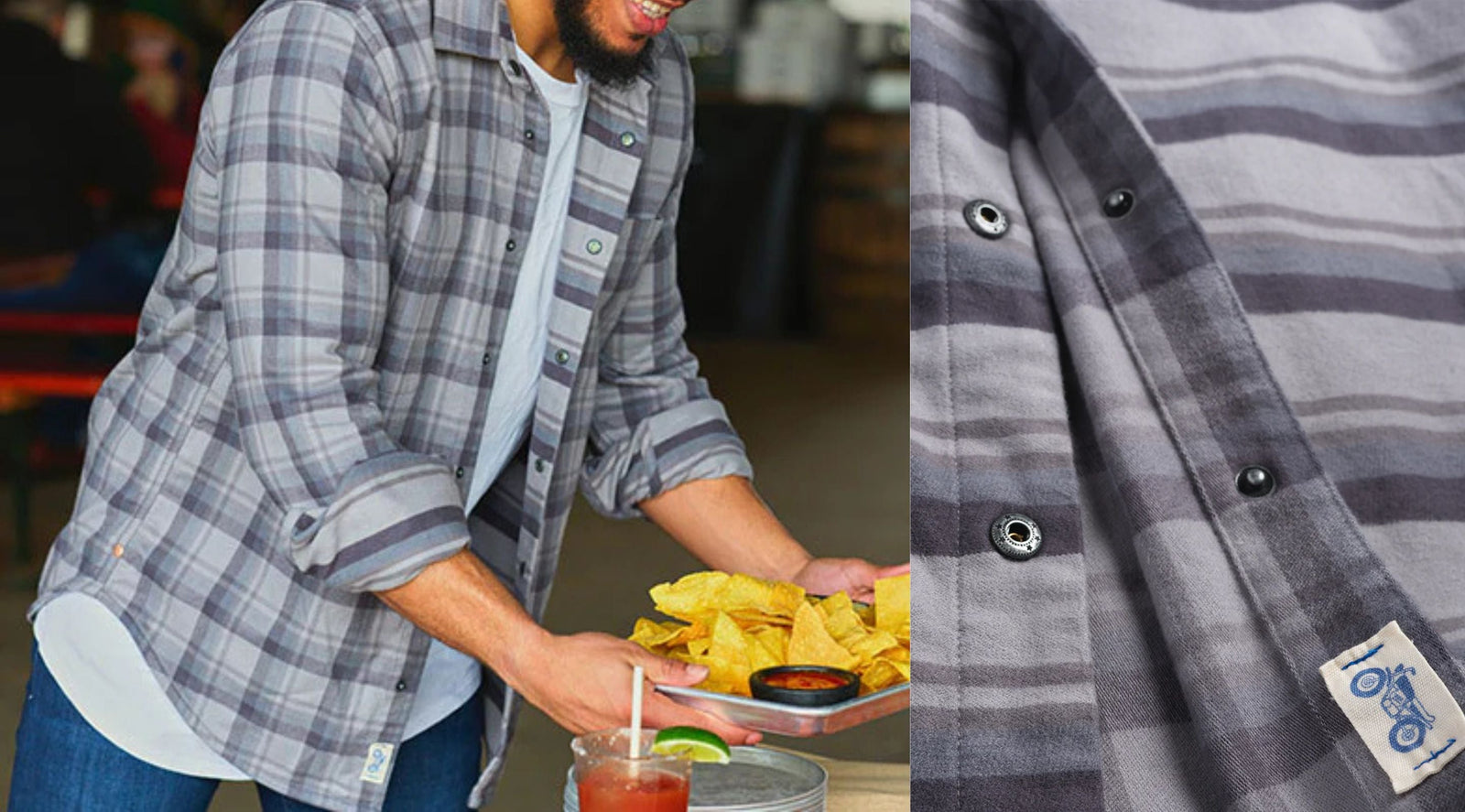 Man wearing gray plaid reversible flannel serving a tray of tortilla chips and salsa; inset close-up of snap buttons and label