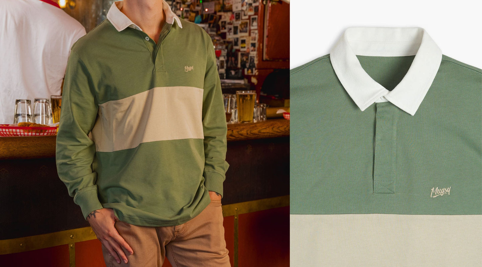 Green and cream striped long-sleeve rugby shirt with white collar, Mugsy embroidered logo
