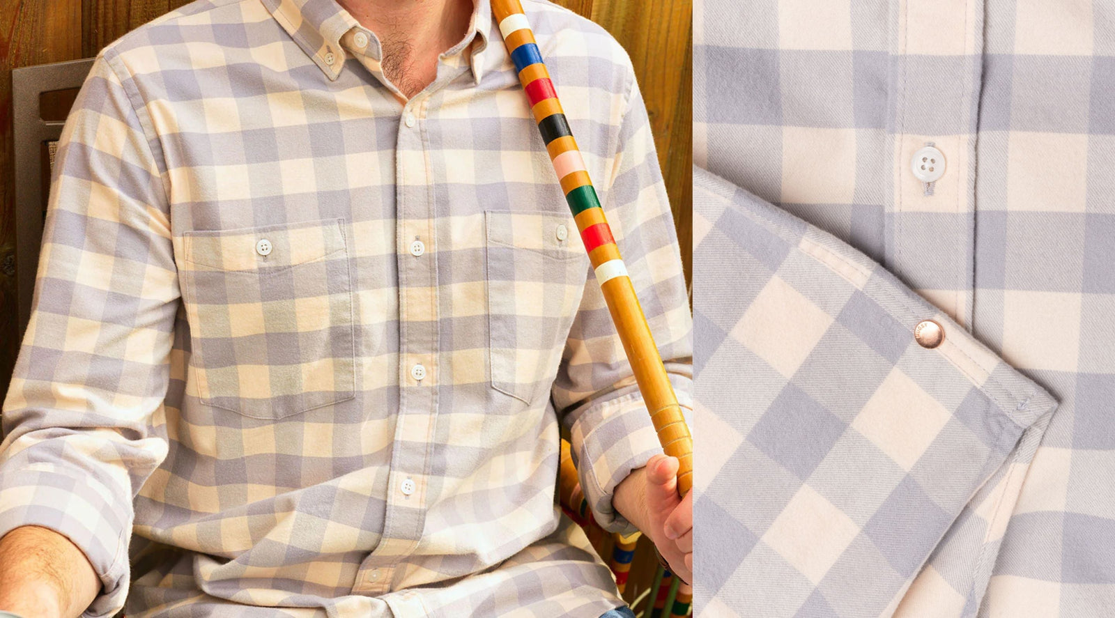 Light gray and cream check flannel shirt worn by a man, croquet mallet across chest; inset close-up of pocket and snap.