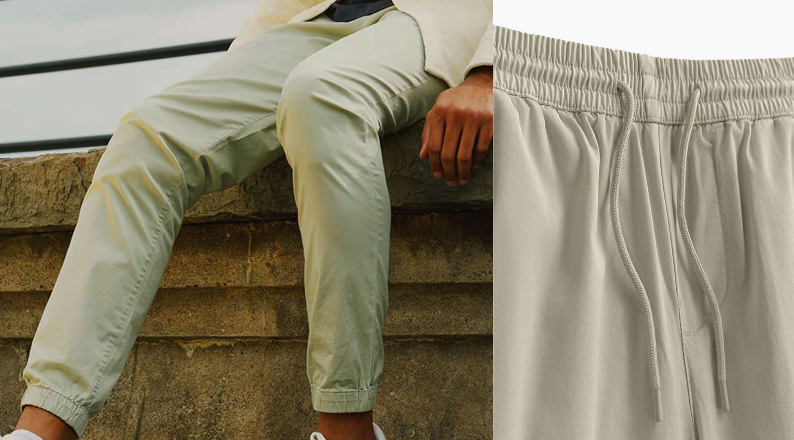 Seated view of light twill joggers showing elastic cuffs and tapered legs, drawstring waistband close-up on stone ledge