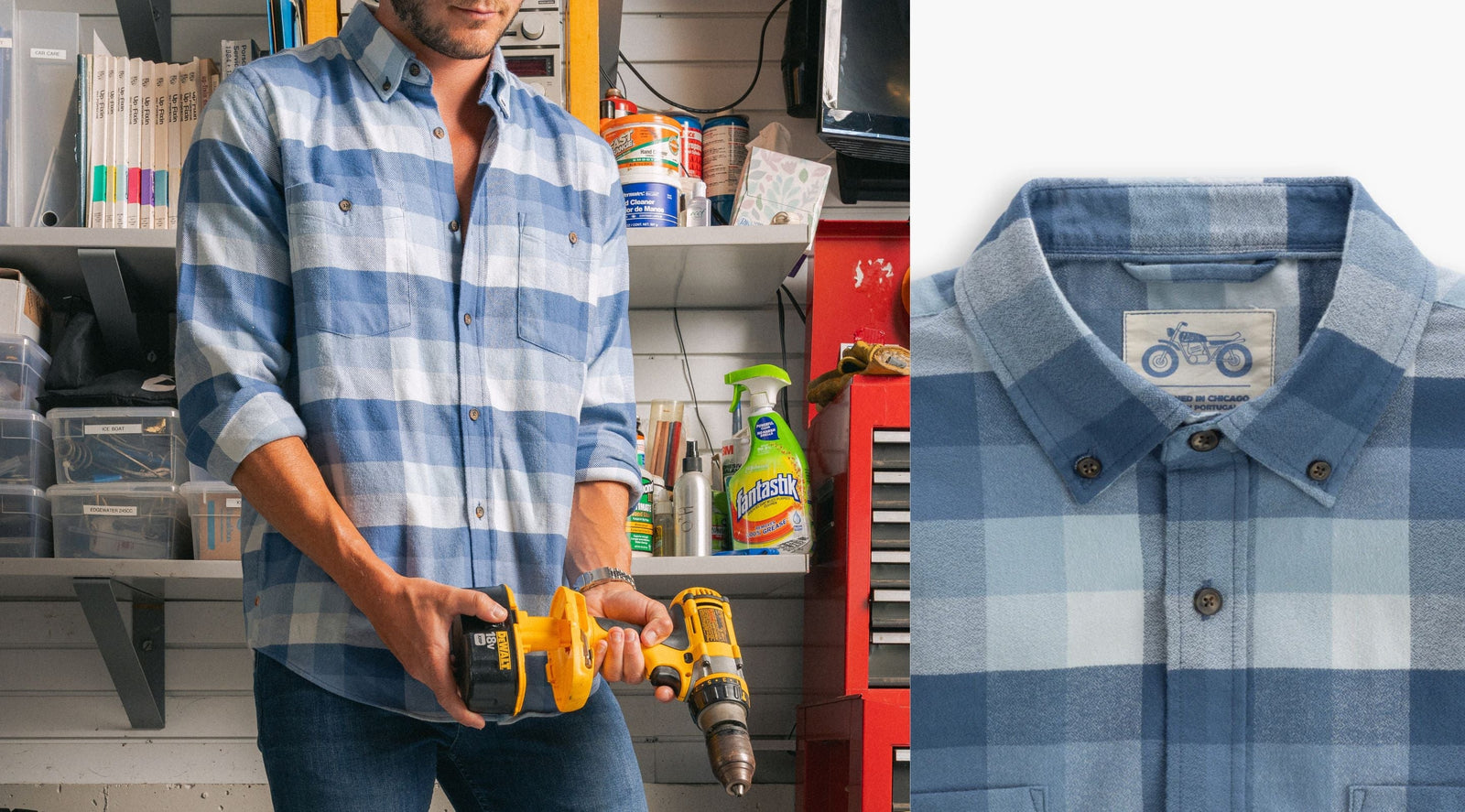 Man in blue checkered flannel holding a yellow drill in a garage workshop; Fantastik cleaner bottle on shelf