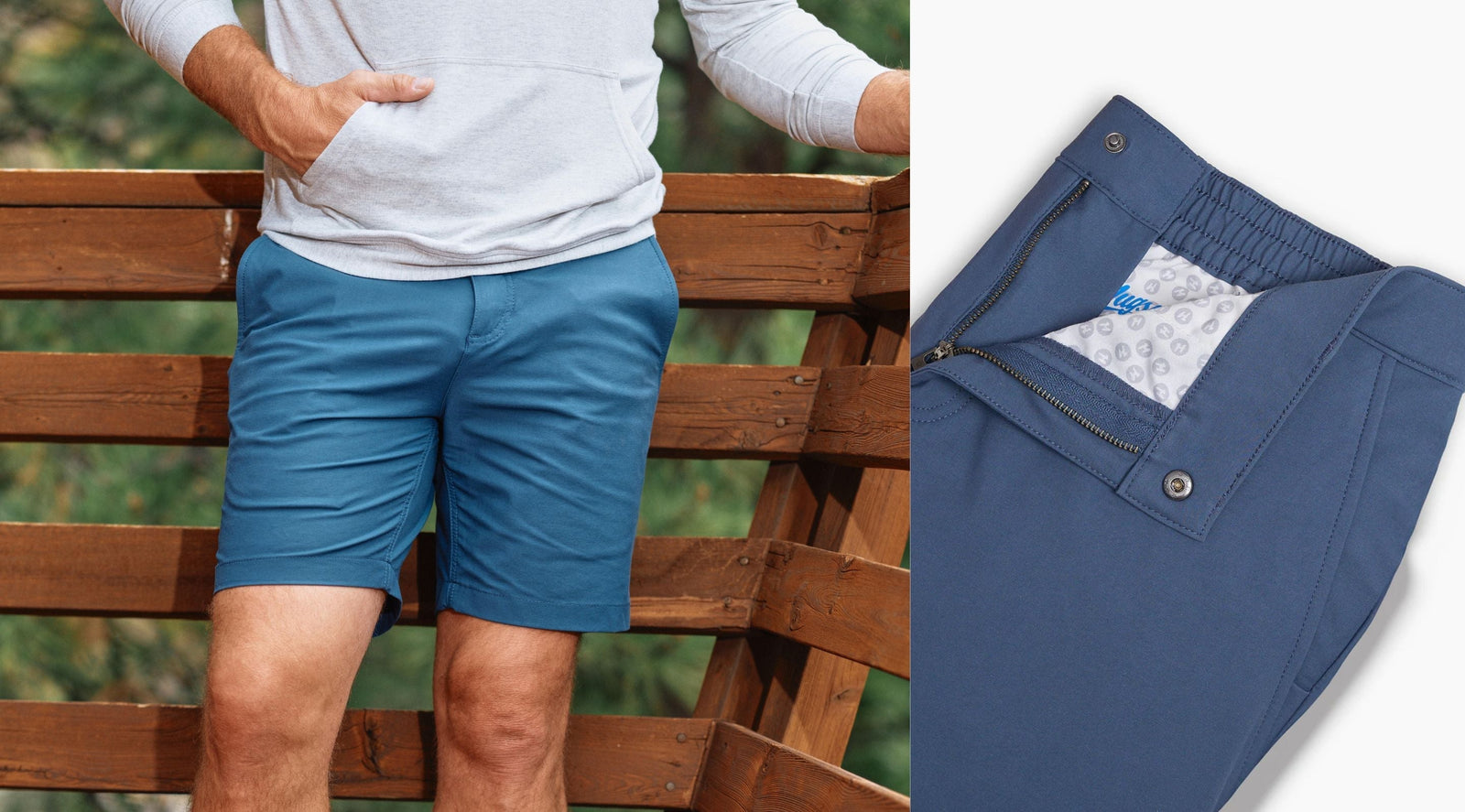 Teal-blue shorts worn by model on railing; right shows folded shorts with open zipper, button and patterned pocket lining.