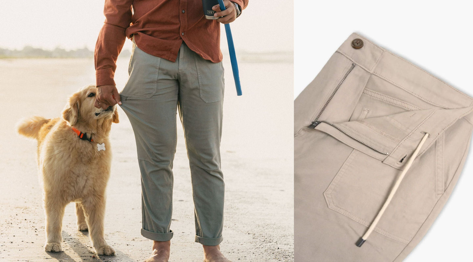 Front view of Twill Drawstring Pants showing drawstring waist, rolled cuffs, and inset waist closeup on a beach