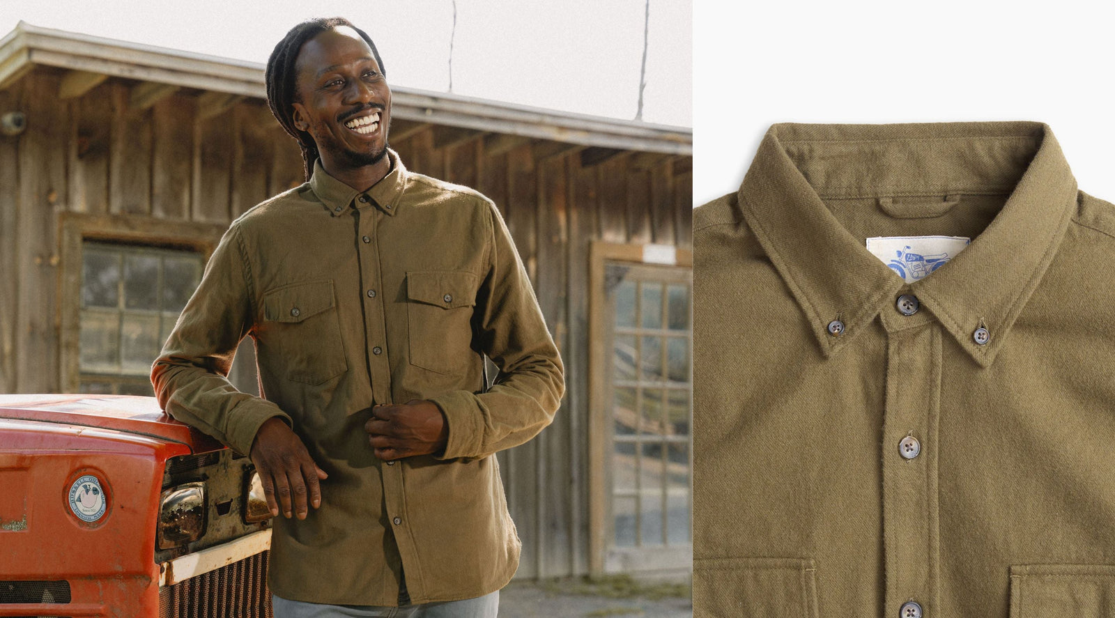 Front view of olive utility flannel shirt with button front, chest pockets, and brushed fabric, worn by model by red tractor