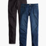 Flat lay of Essentials jeans 2-pack showing one blue and one black pair on white background