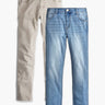 Front view of Weekday 2-Pack showing vintage blue and khaki classic-fit jeans on white background