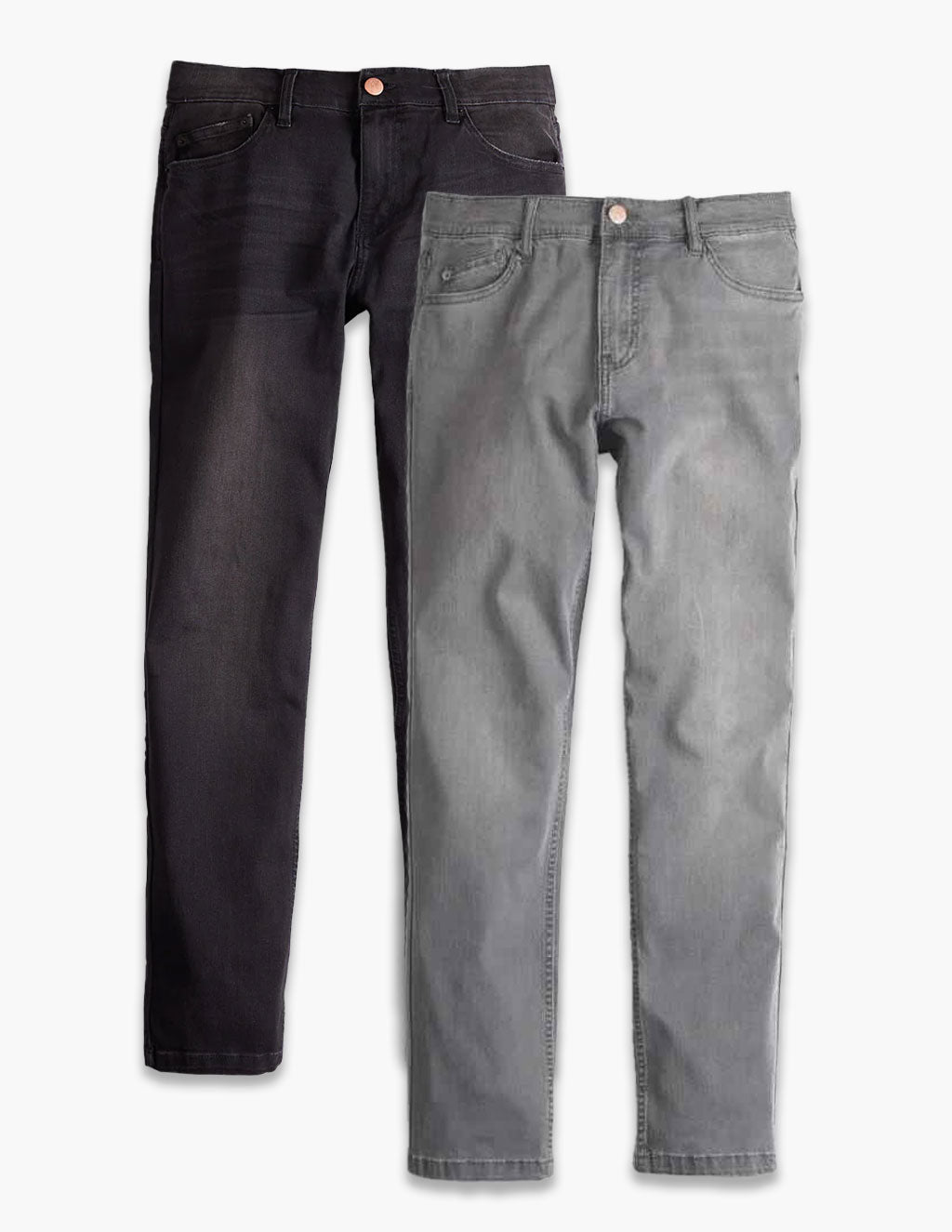 Front view of Weekend 2-Pack jeans showing one dark gray and one light gray pair with five-pocket styling on white background