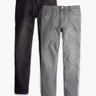 Front view of Weekend 2-Pack jeans showing one dark gray and one light gray pair with five-pocket styling on white background