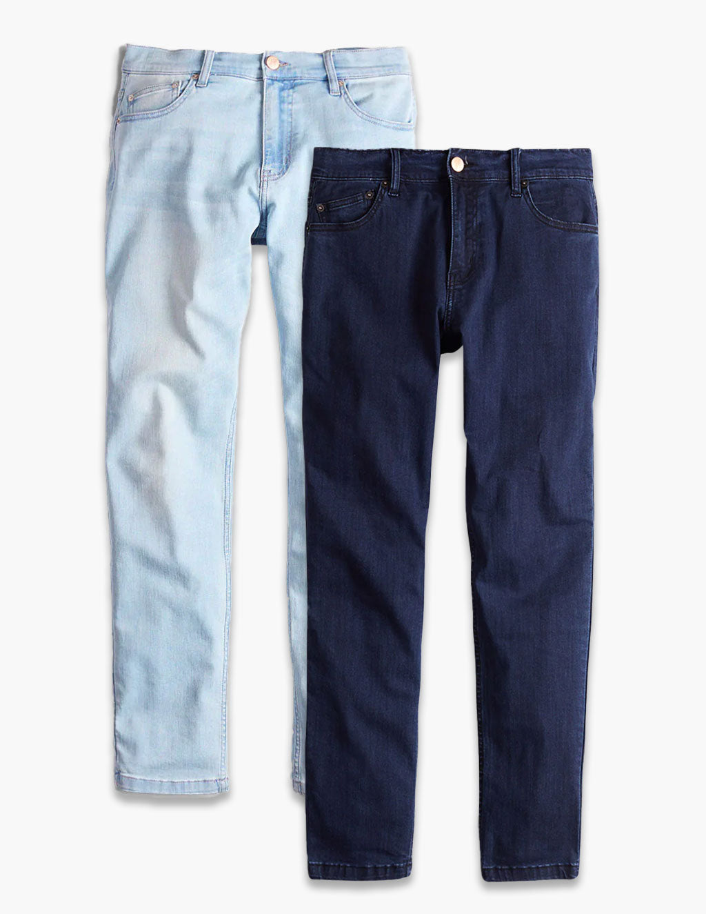 Flat lay of Blues 2-Pack showing one dark indigo and one light-wash pair front view on white background
