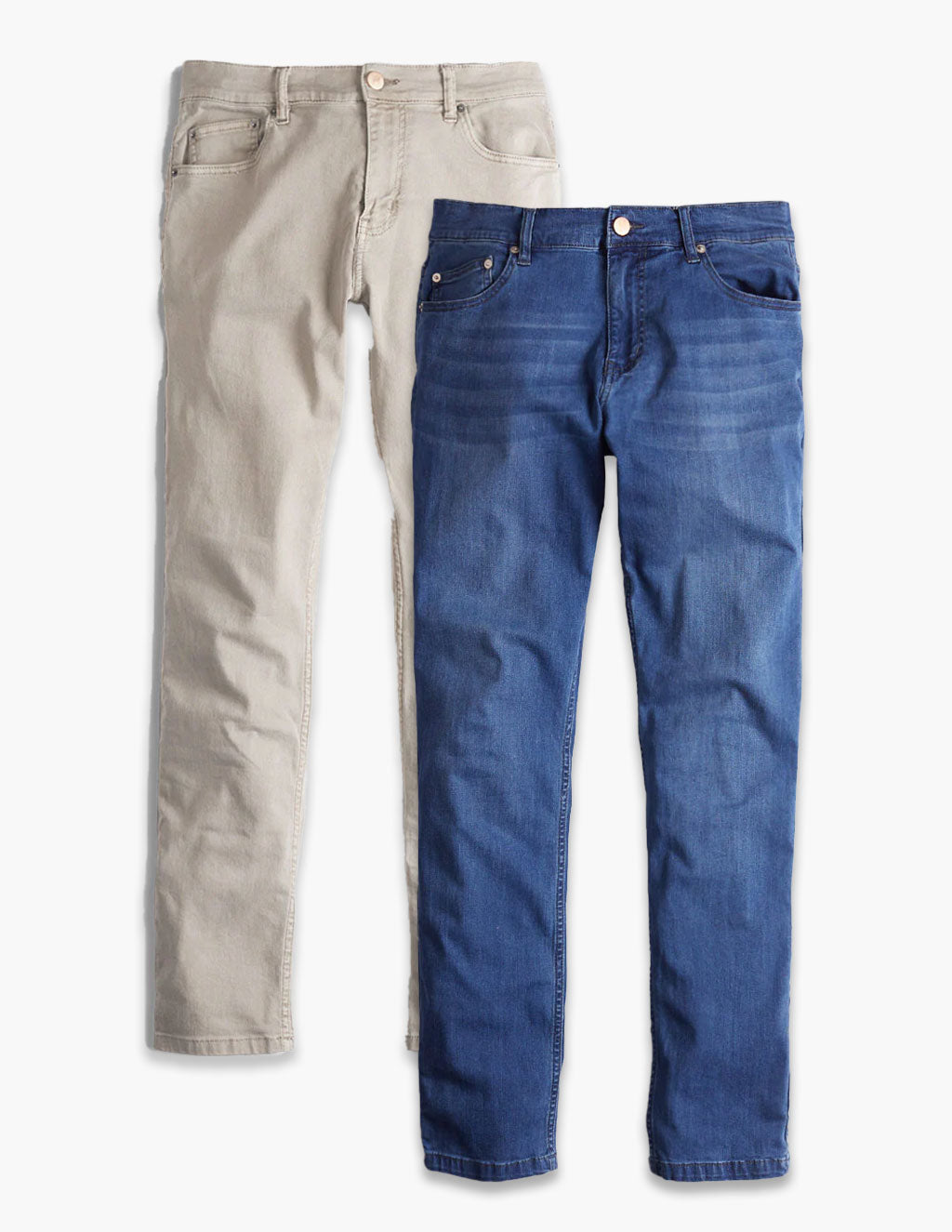 Front view of Versatile Jeans 2-pack showcasing medium blue denim and khaki pairs laid flat on a white background