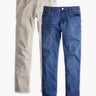 Front view of Versatile Jeans 2-pack showcasing medium blue denim and khaki pairs laid flat on a white background