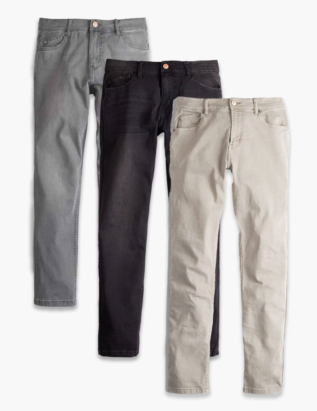 Flat lay of Weekend Jeans 3-pack showing three classic-fit jeans in gray, black, and khaki on a white background
