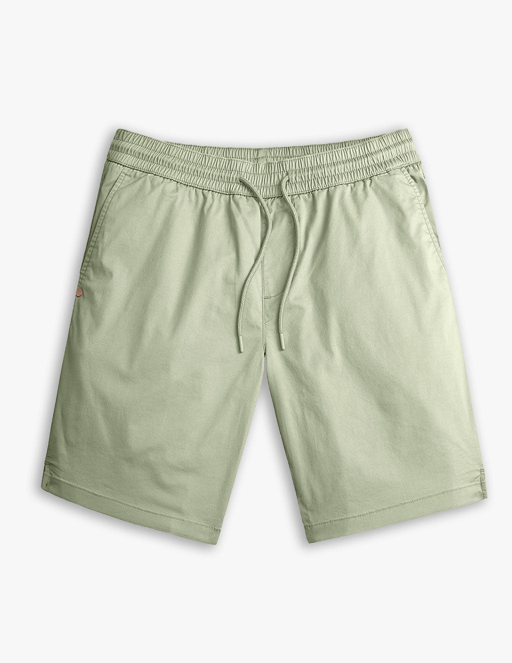 Light green shorts with elastic waistband and drawstring, front view