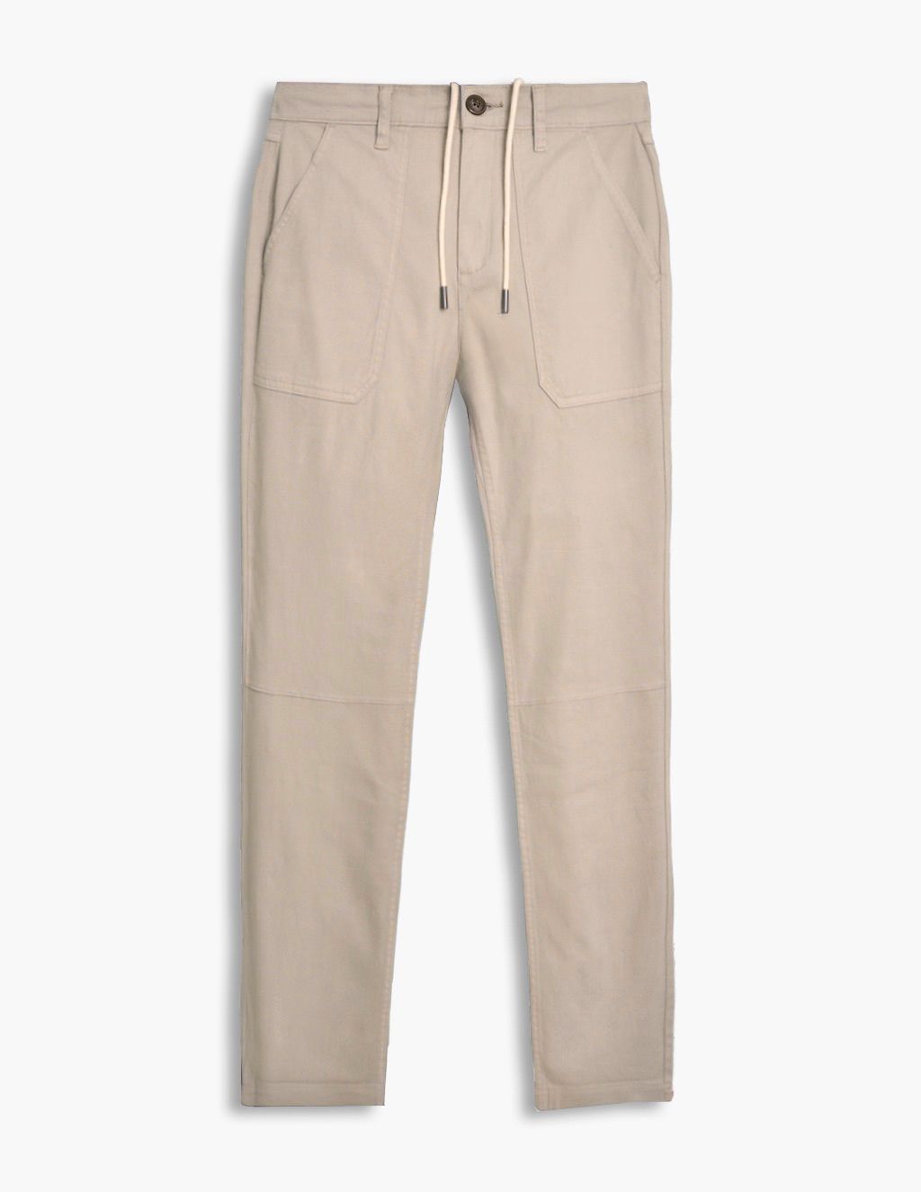 Beige drawstring pants with front patch pockets and tapered legs