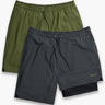 Top-down view of two swim shorts (olive and charcoal) showing elastic waistband, drawstring, and layered inner liner on white background