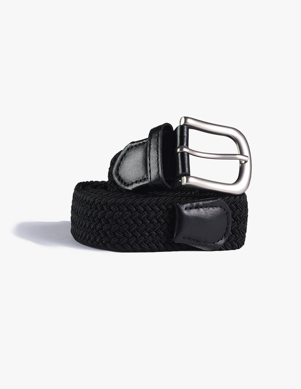 Black stretch woven belt with a silver buckle