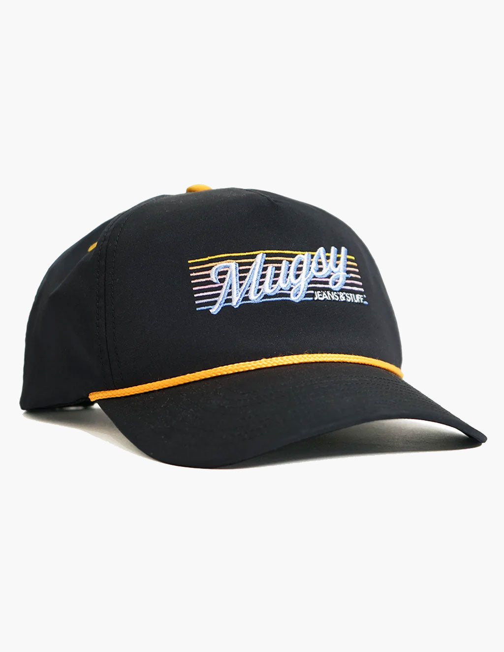 Black Rope Hat with 'Mugsy Jeans & Stuff' embroidered in blue and yellow stripes