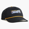 Black Rope Hat with 'Mugsy Jeans & Stuff' embroidered in blue and yellow stripes