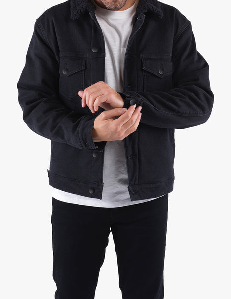 Black Out Sherpa Lined Denim Jacket | All-Black & Warm Outerwear 