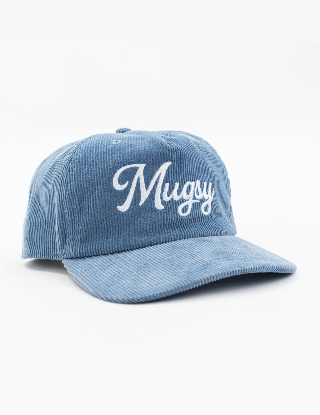 Blue corduroy baseball cap with white embroidered 'Mugsy' script on front.
