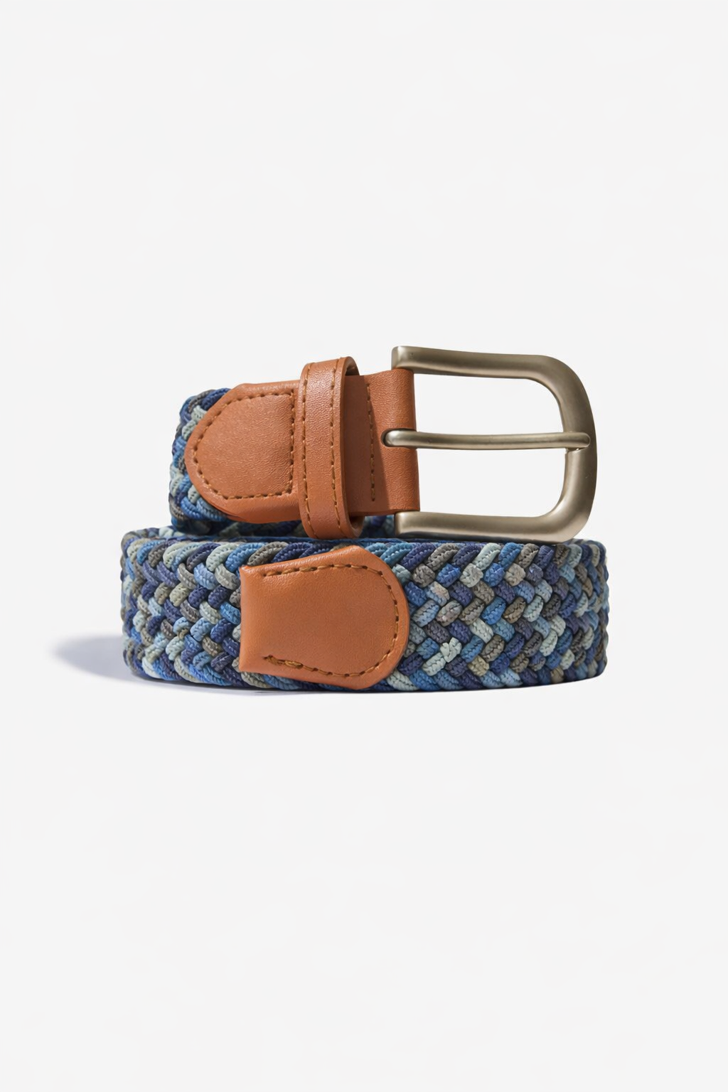 Front view of Blue and Grey stretch braided belt with tan leather trim and brushed brass buckle on white background