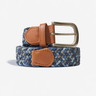 Front view of Blue and Grey stretch braided belt with tan leather trim and brushed brass buckle on white background