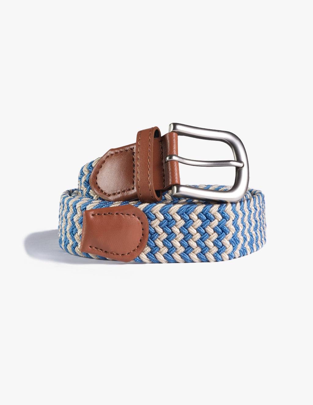 Blue and white stretch woven belt with brown leather accents