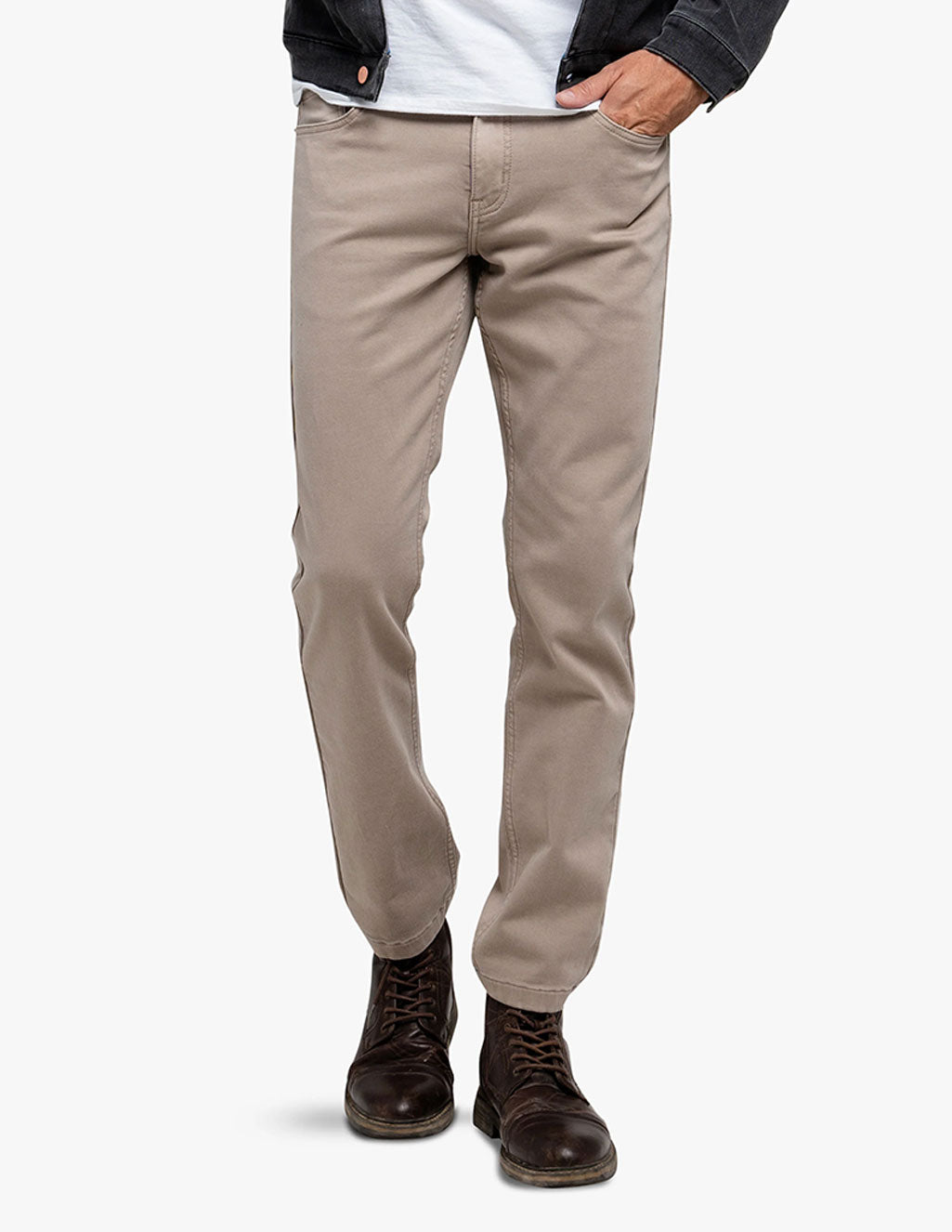 A person wearing Bucks Knit pants in light tan color.