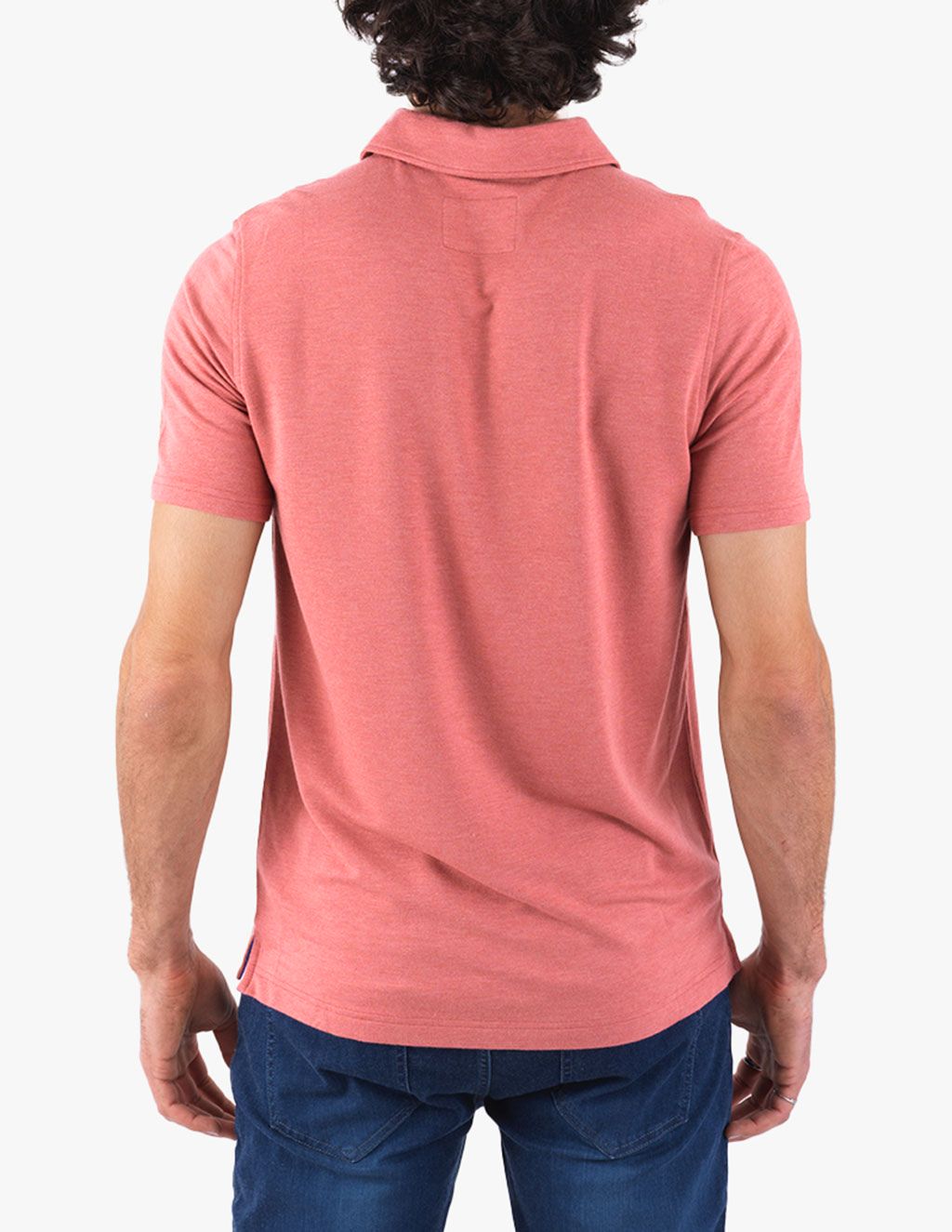 Model wearing a washed red polo shirt with a collar and short sleeves.