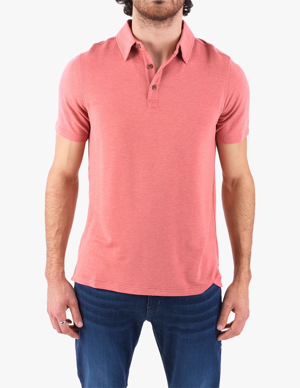 Model wearing a washed red polo shirt with a collar and short sleeves.