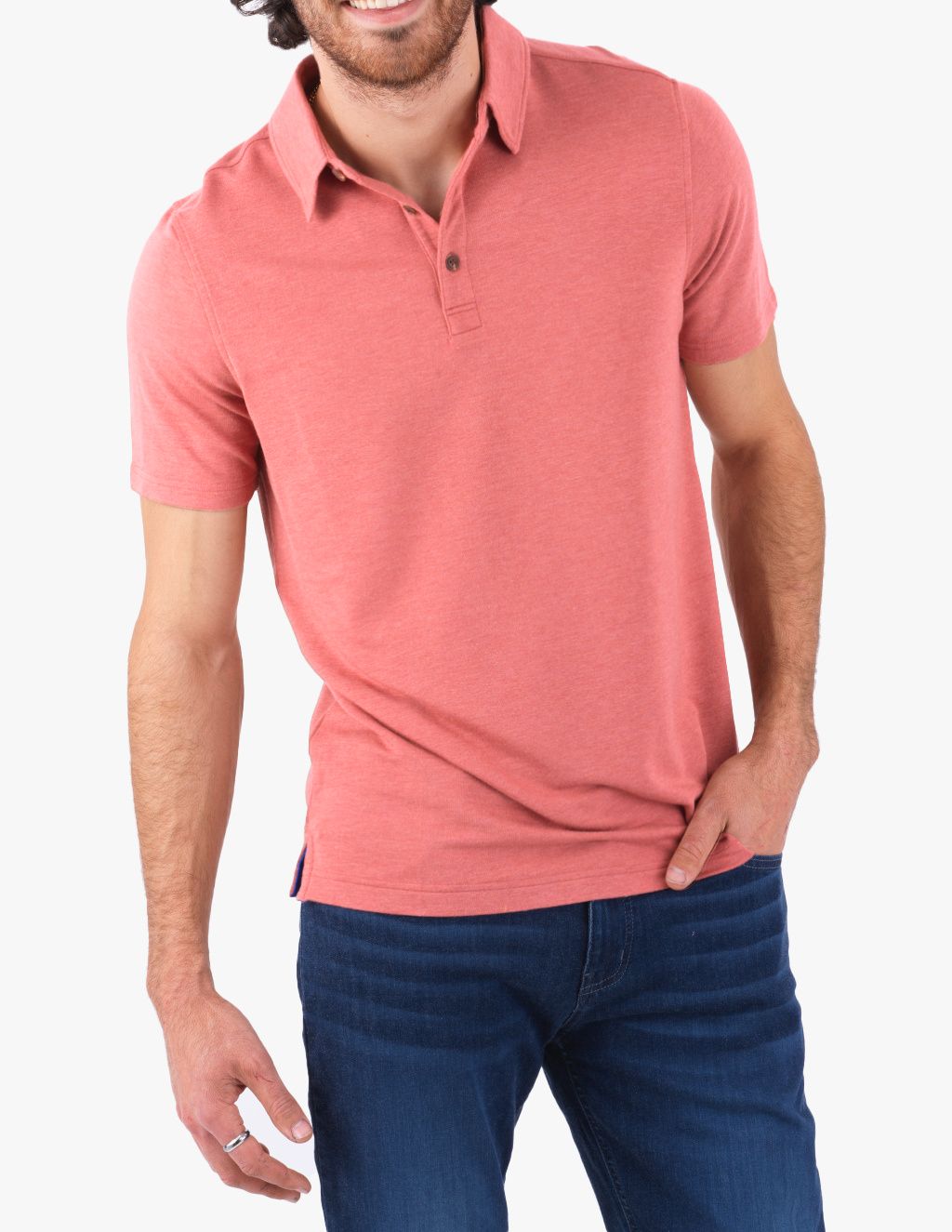 Model wearing a washed red polo shirt with a collar and short sleeves.
