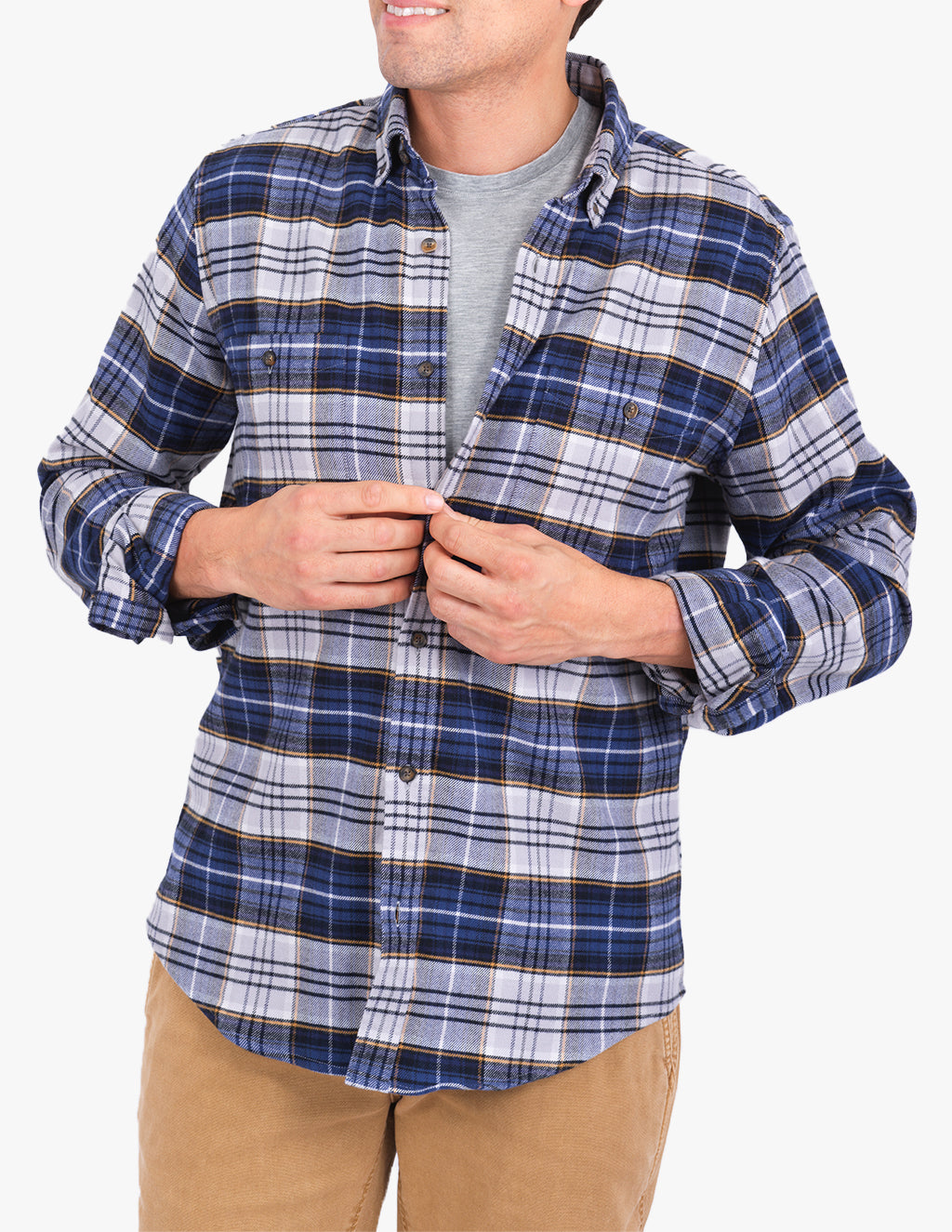 Model wearing a blue and white plaid flannel shirt with buttons, paired with khaki pants.