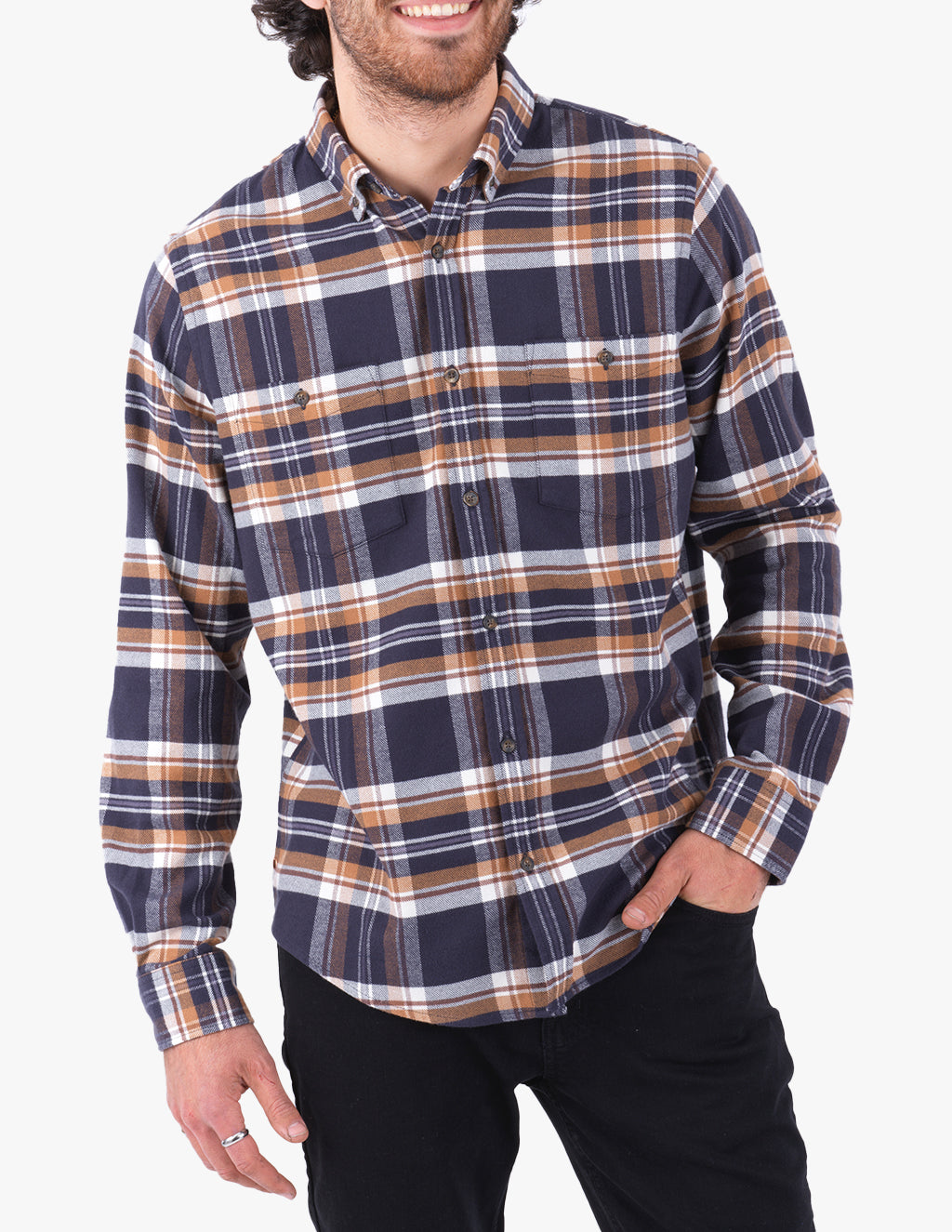 Model wearing a plaid shirt in navy and orange colors