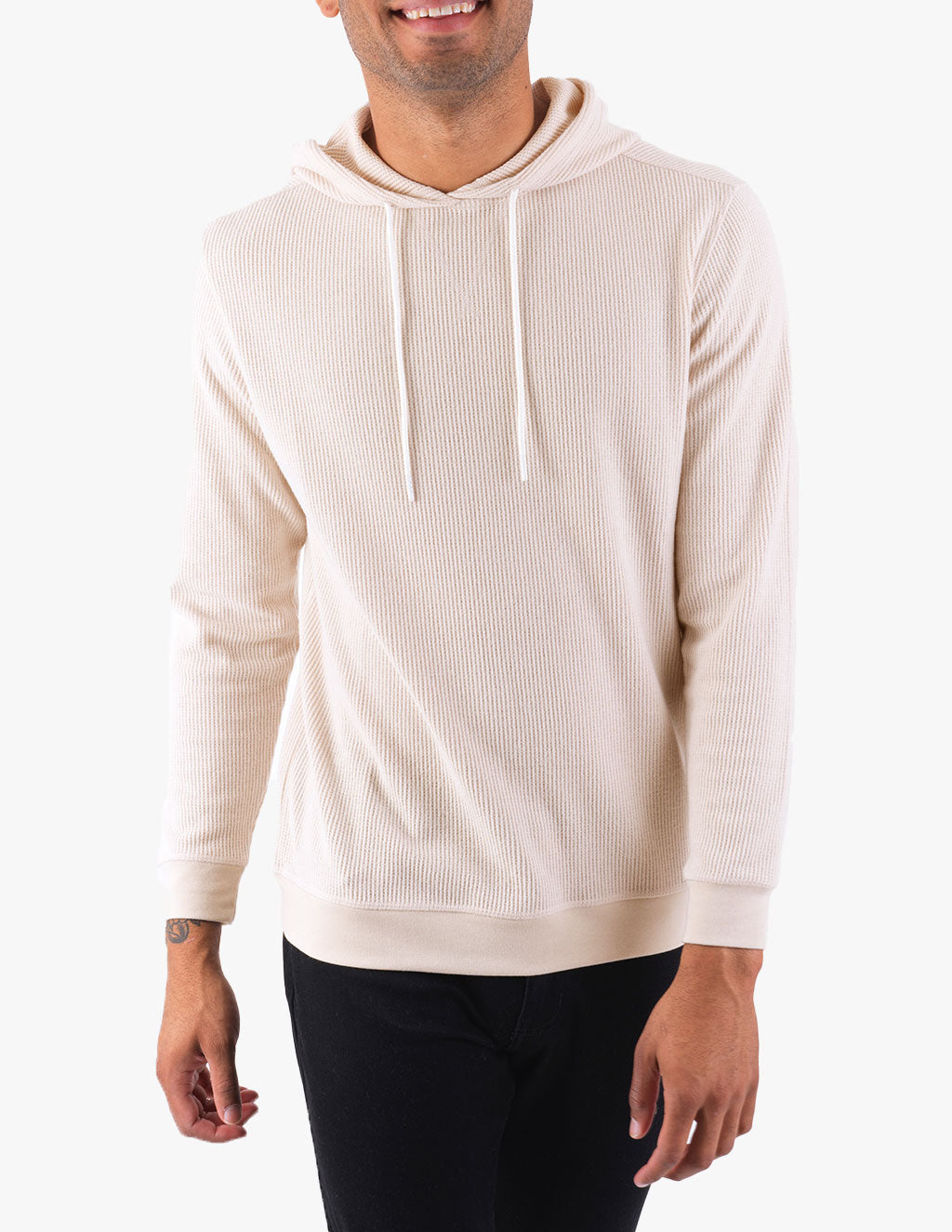 Cream waffle hoodie worn by a model