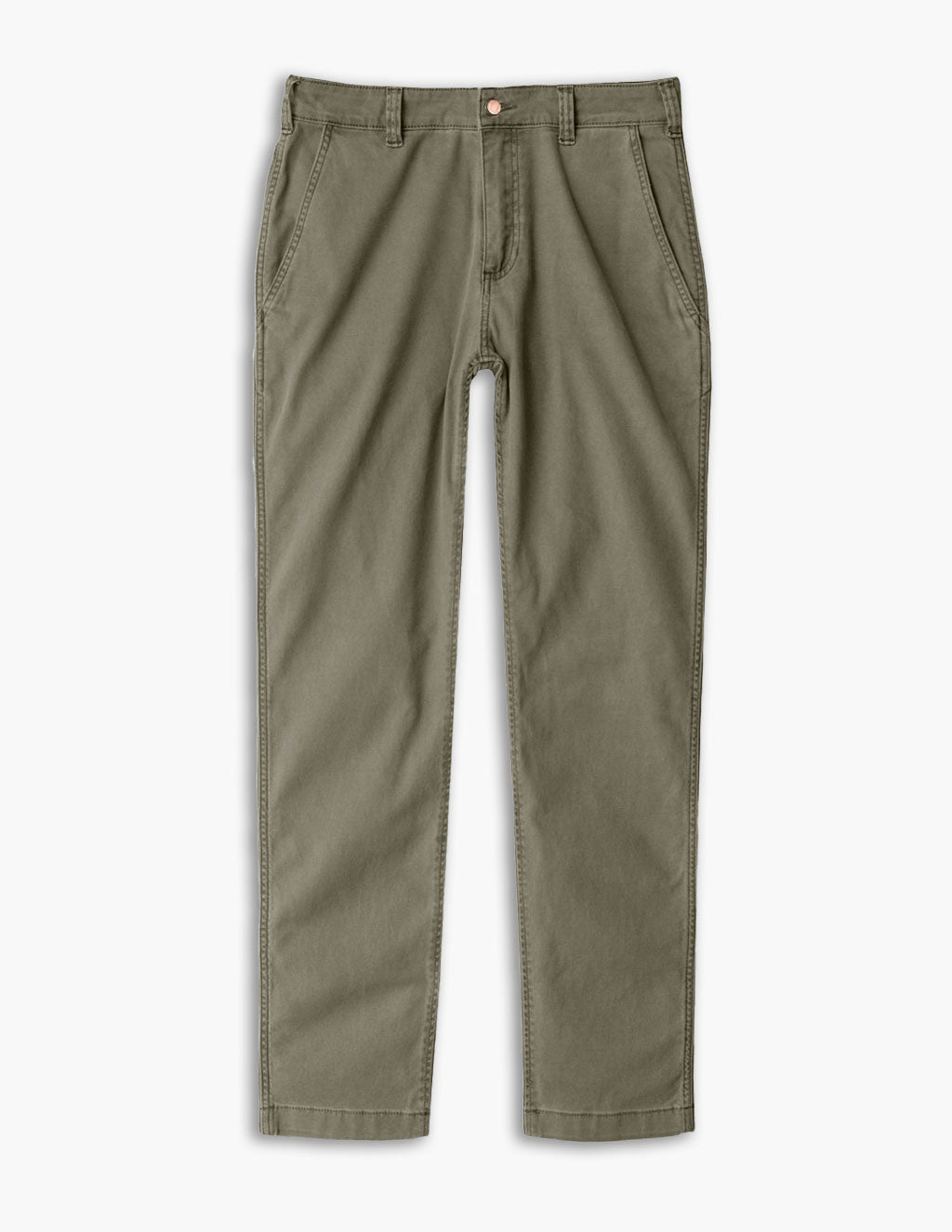 Olive-green men's straight-leg pants laid flat with side pockets, belt loops and single button closure.