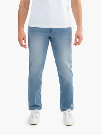 Front view of Daytonas Casual light wash jeans on model showing straight leg, mid-rise fit and subtle fading on white background