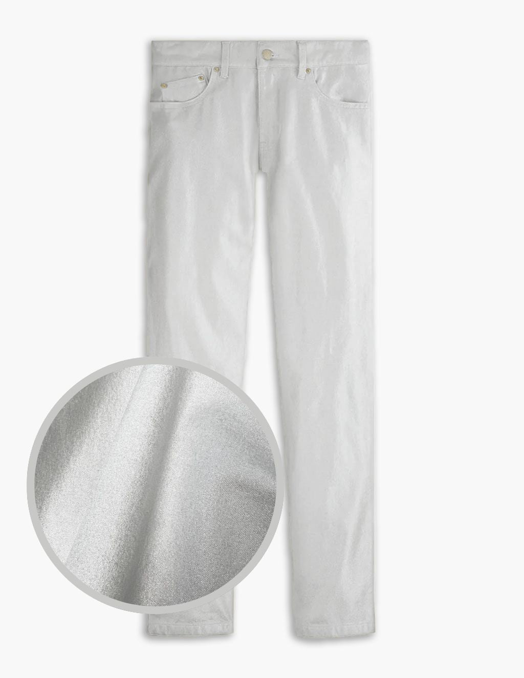 Champagne-colored straight-leg jeans with circular fabric close-up showing sheen and texture