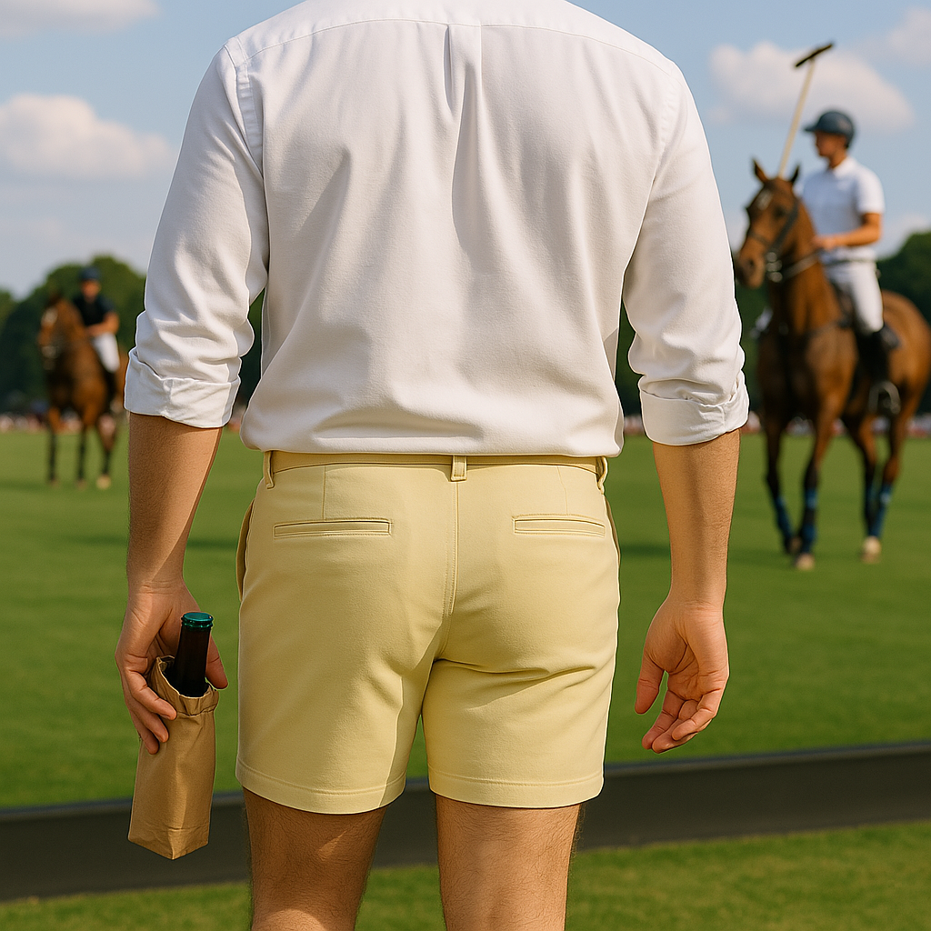 A person in yellow shorts walking towards a polo match, holding a drink.