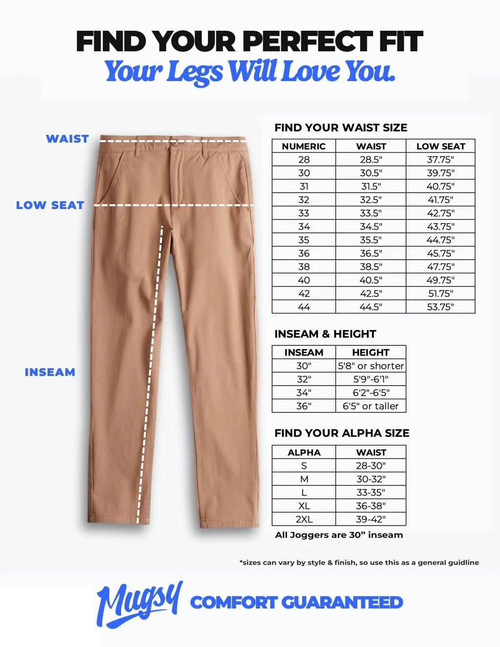 Chinos with measurement guides for waist, low seat, and inseam, alongside size charts for numeric, inseam, and alpha sizes.