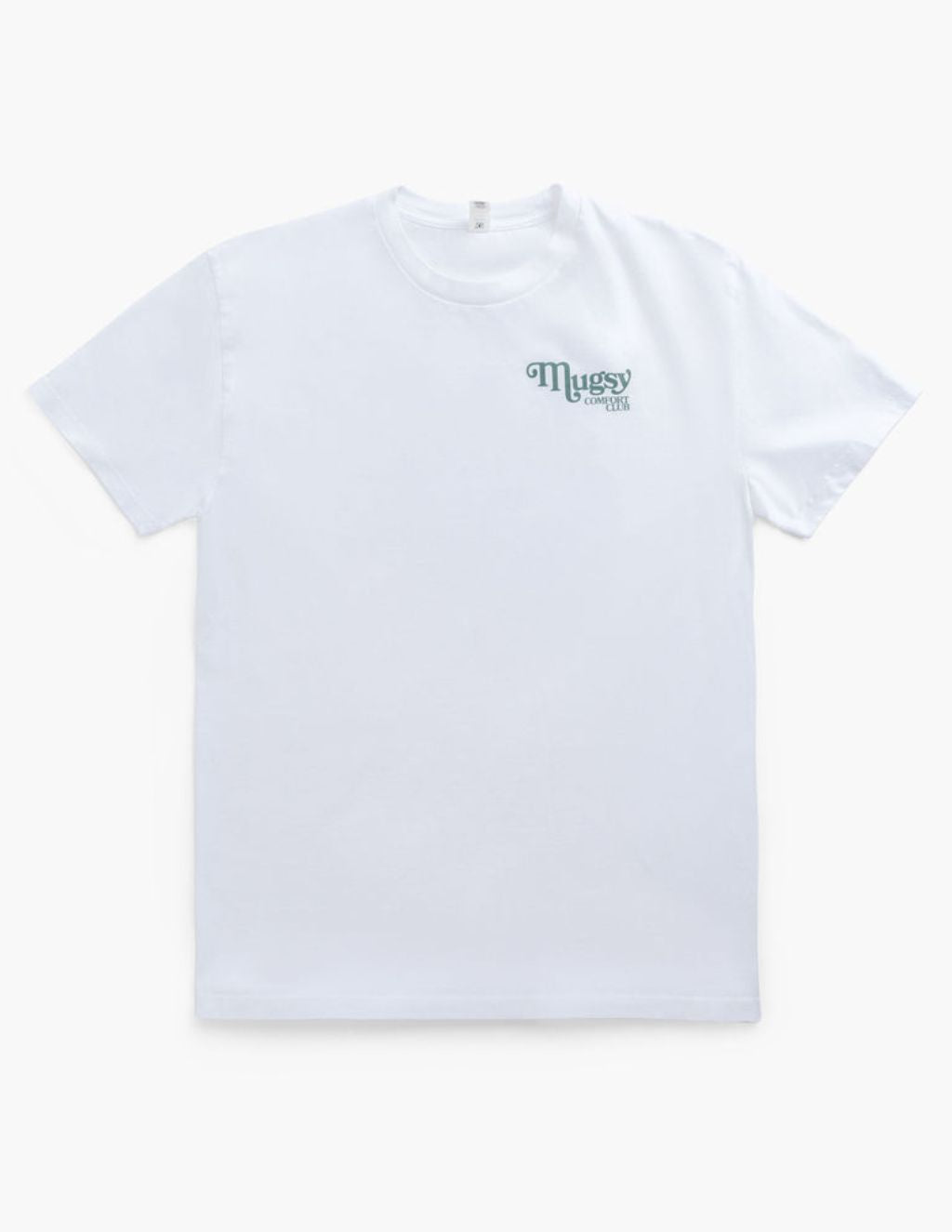 White crew-neck t-shirt with small green left-chest logo reading 'Mugsy COMFORT CLUB'.