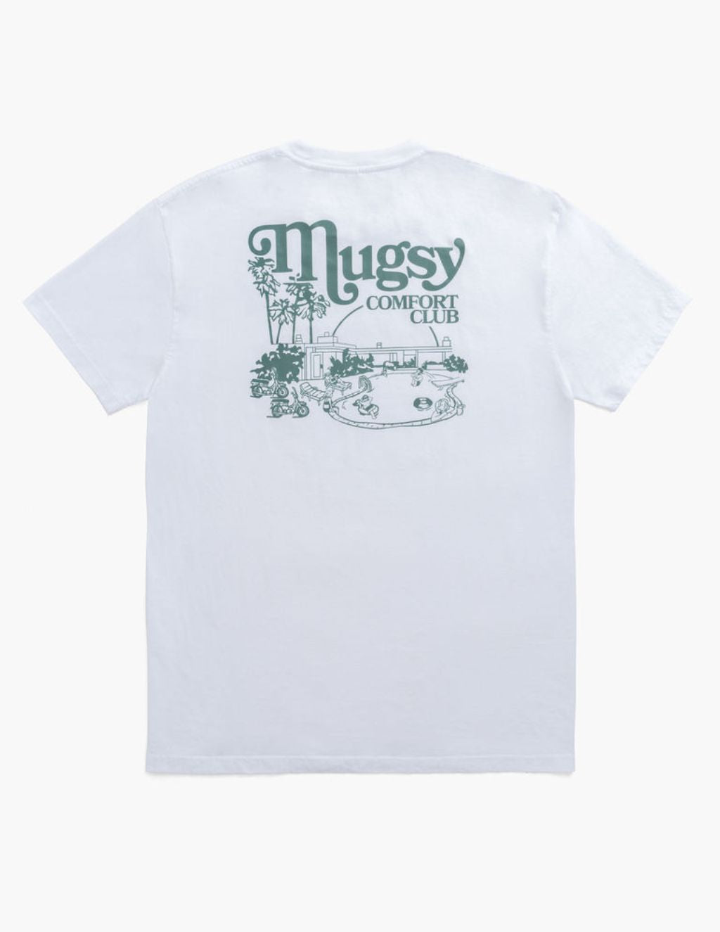 White T-shirt back showing green 'Mugsy' script and 'COMFORT CLUB' text above a poolside illustration