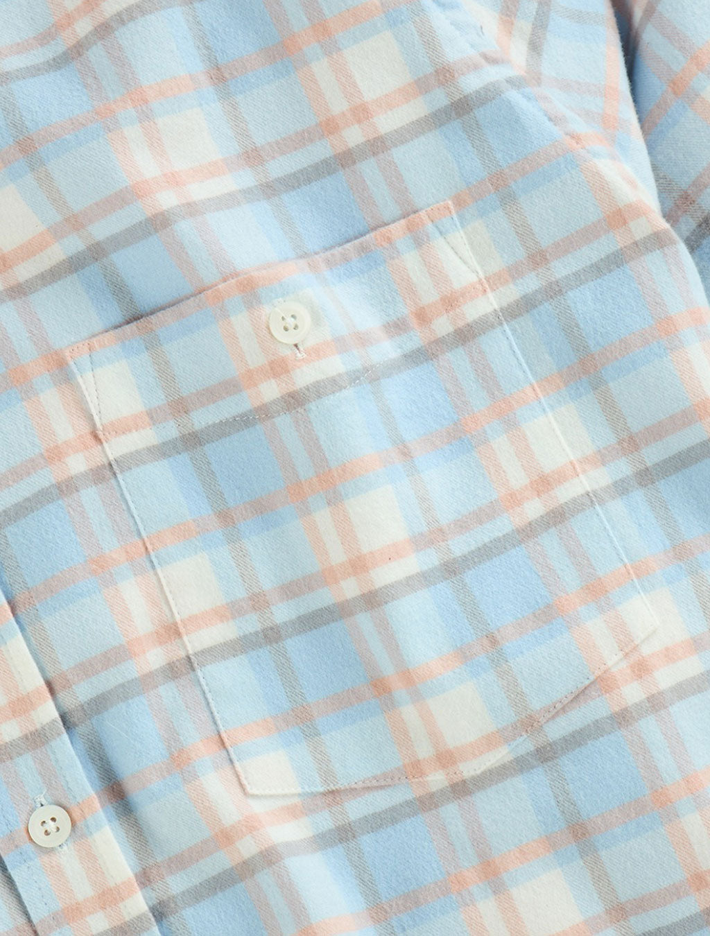 Lightweight blue plaid flannel shirt with orange accents