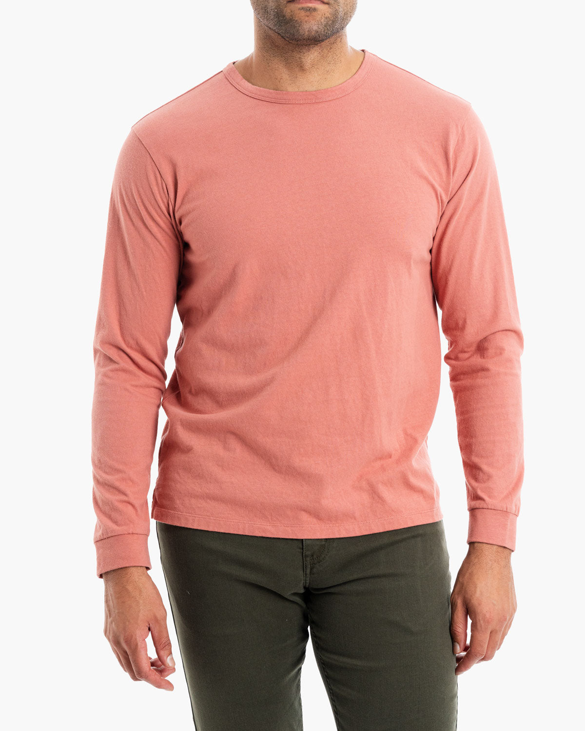 Model wearing a Washed Crimson long sleeve tee